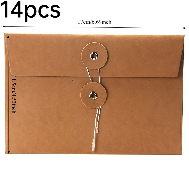 14pcs 찢어지지 않는 무광택 크래프트 스트링 타이 봉투 명함 초대장 문서 정리용 수직 수평 크기