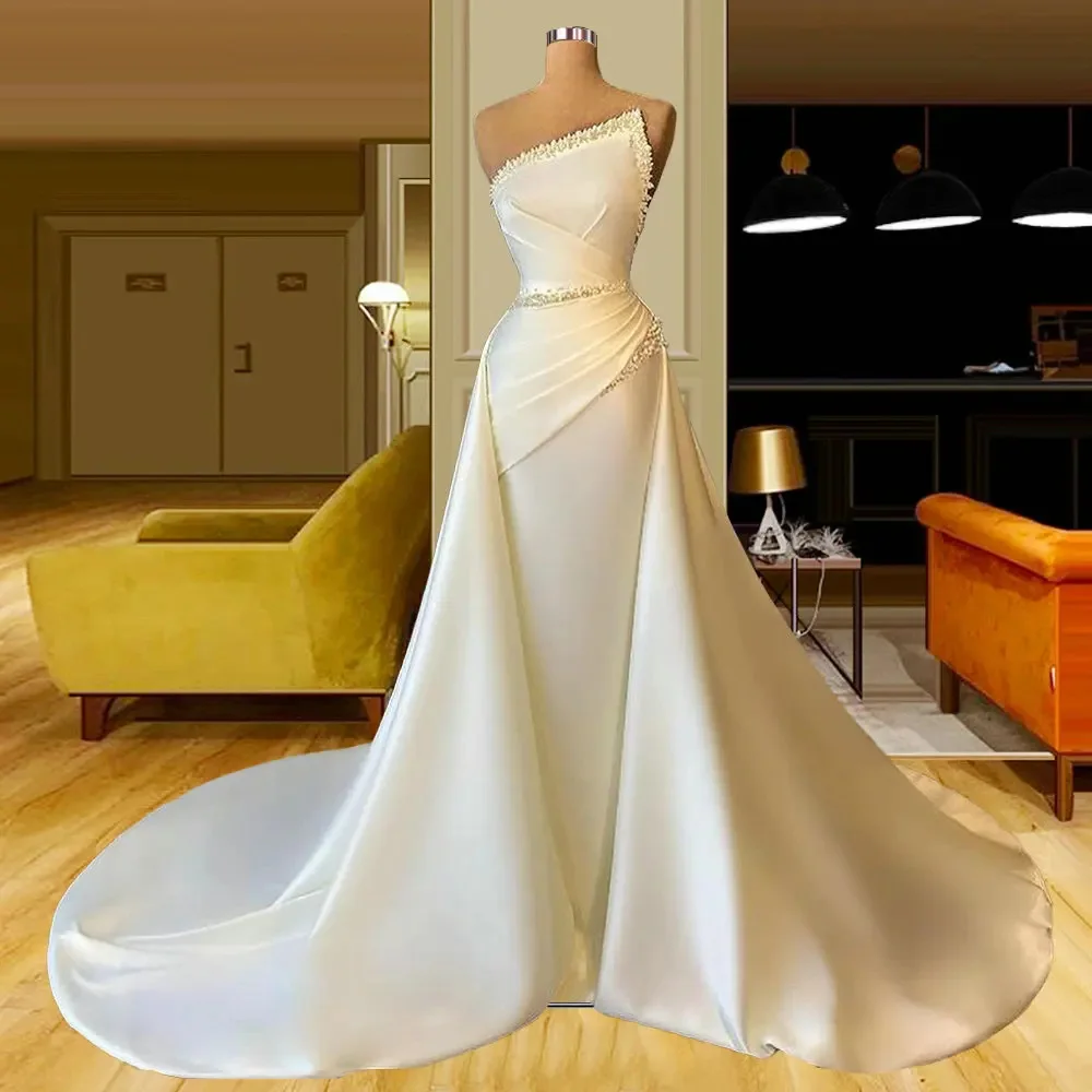 

Ivory Strapless Satin Wedding Dresses A Line Court Train Luxury Heavy Beading Ruched Bridal Gowns