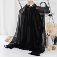 Spring Summer Black Polka Dots Mesh Women's Chiffon Blouses 2025 New Long Sleeve Stand Collar Vintage Loose Shirts Female - Image 3