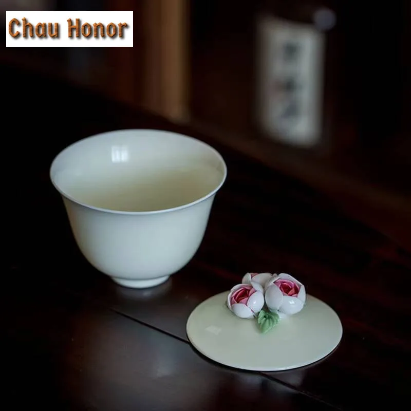125ml High-end Handmade Pinch Flowers Gaiwan Tea Tureen Tea Bowl with Lid Kit Tea Maker Cover Bowl Chinese Tea Set Ornaments