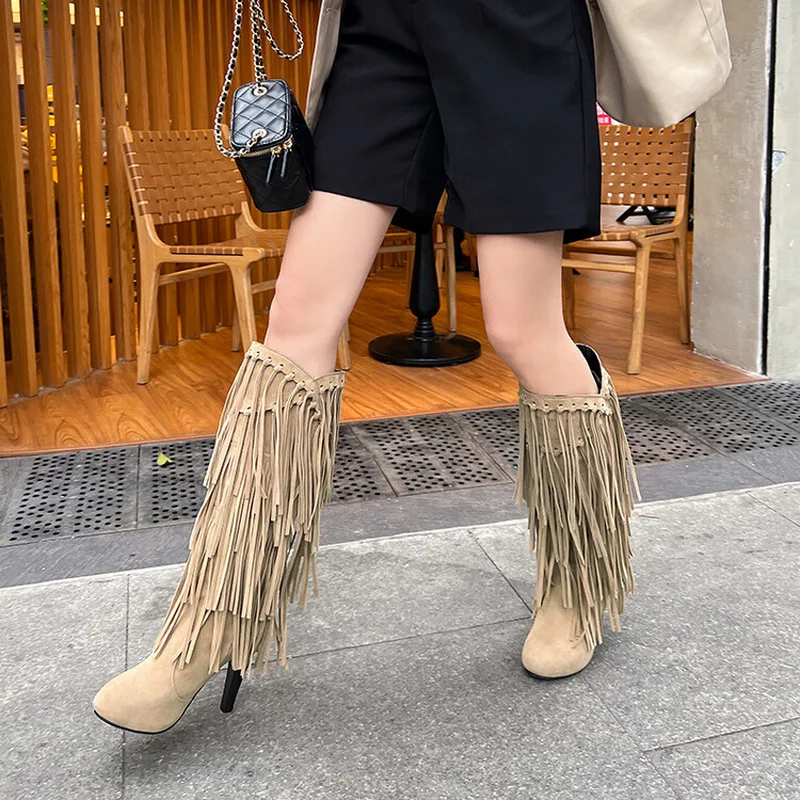  Botas planas chinas con flecos, tacones de nación largos, de  cuero, con borlas, a la moda, para mujer, botas altas hasta la rodilla, de  cuero, para mujer, talla 11 (A-rojo, 8.5) 