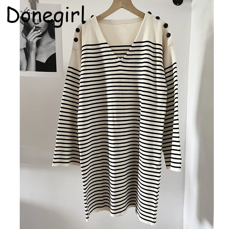 

Donegirl 2023 New Women Fashion V-neck Striped Knitted Sweater Dresses Shoulder Buttons Loose Commute Casual Mini Dress Chic