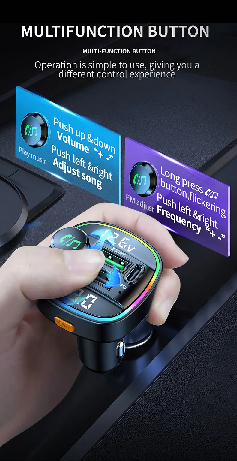 FM Transmitter Car MP3 Player Car Radio Modulator MP3 Player Bluetooth 5.0 FM Transmitter Hands-Free USB Super Fast Charging Cigarette Lighter