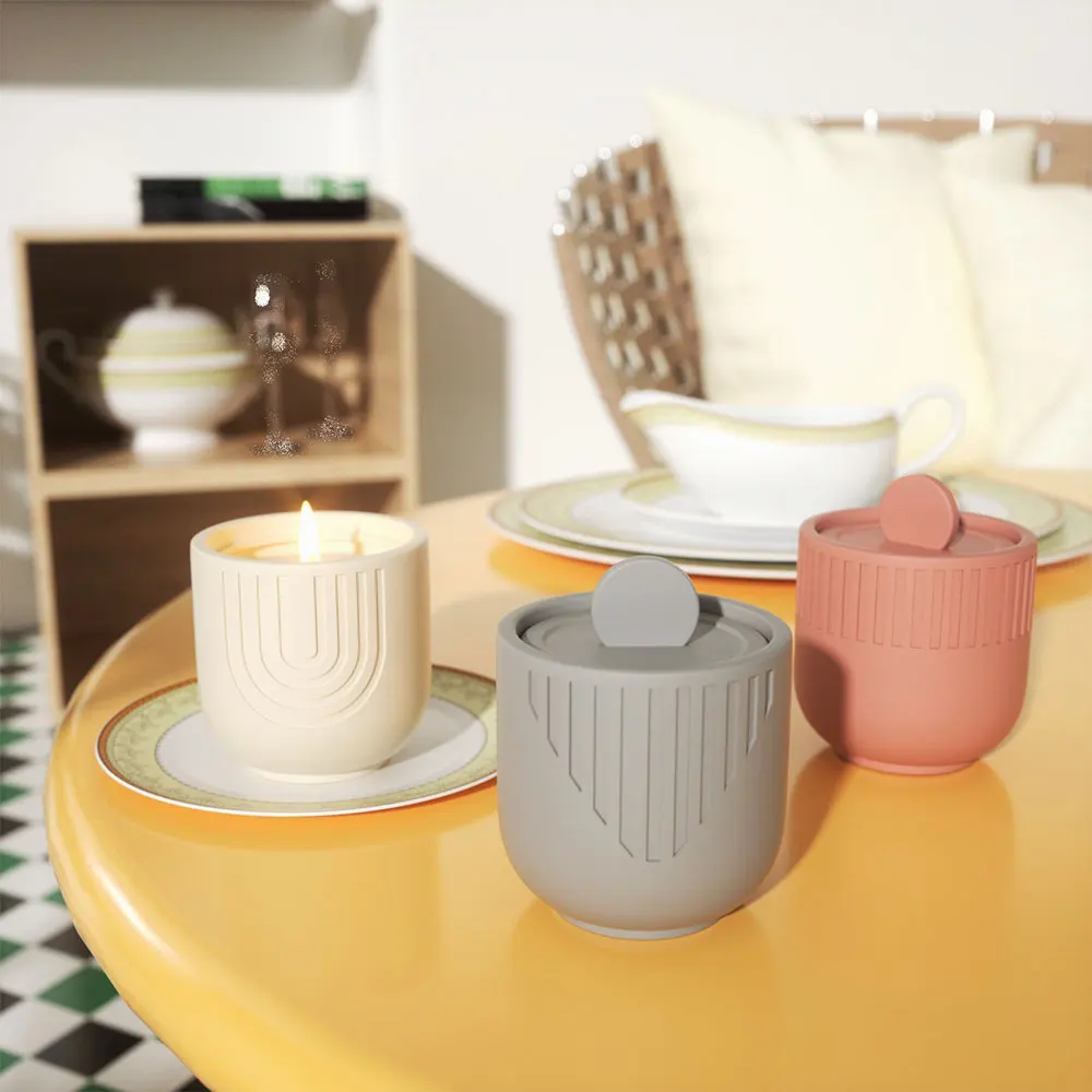 Geometric Cylinder Candle Jar with Lid Silicone Mold DIY Handmade Candle Holder Concrete Cement