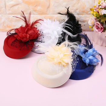 Fascinator Hats for Women Pillbox Cap con fiore Feather Mesh velo e fermaglio per capelli Cocktail Tea Party copricapo copricapo