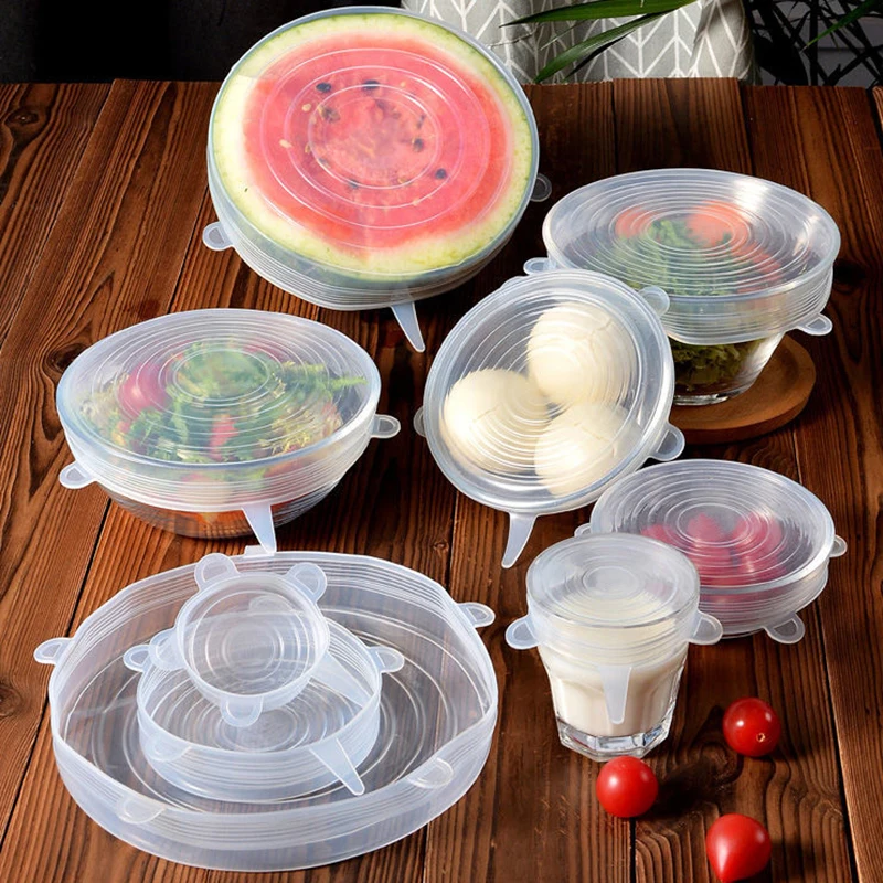 

6Pcs/lot Food Adjustable Elastic Silicone Cover Cap Universal Expandable Lids for Cans Dishes Bowl Reusable Stretch Kitchen