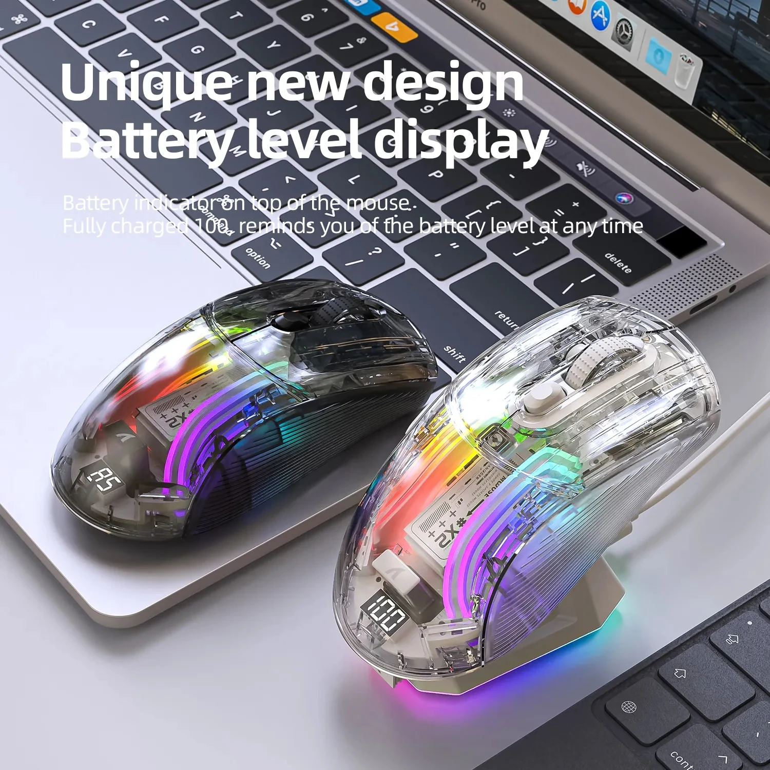 

Wireless Bluetooth Mouse Tri-Mode RGB Mute Mouse Magnetic Charging Transparent Mouse Battery Indicator Mice for Computer Tablet