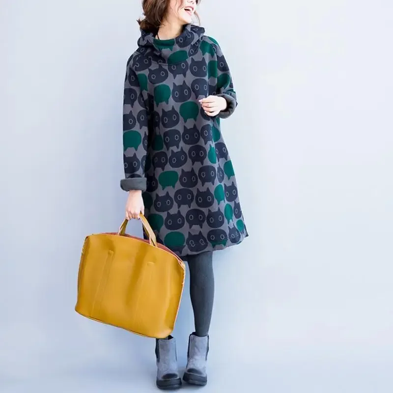 Winter Female Vintage Velvet Thick Hoodie Dress Plus Size Autumn Women Cat Print Hoodies Kawaii Cartoon Long Hooded Sweatshirt