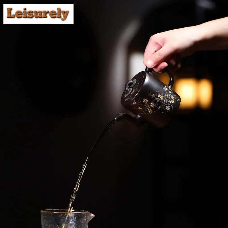 180ml Yixing Purple Clay Teapots Handmade Gold Drawing Dual Ring Pot Raw Ore Dahongpao Reducing Roasting Mud Kettle Zisha Teaset