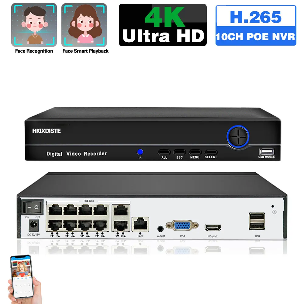 Xmeye 4K 8Ch Poe Nvr Videoregistratore 8Mp Security Cctv System H.265 Face Detection 10Ch Registratore Di Sorveglianza Di Rete Per Ip Cam