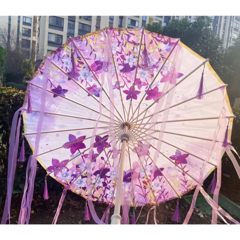 Фото Зонт аниме с кисточками Hanfu, фиолетовый, лавандовый, ветрозащитный зонт для пляжа, танцев, косплея, масляная бумага, зонтик №4