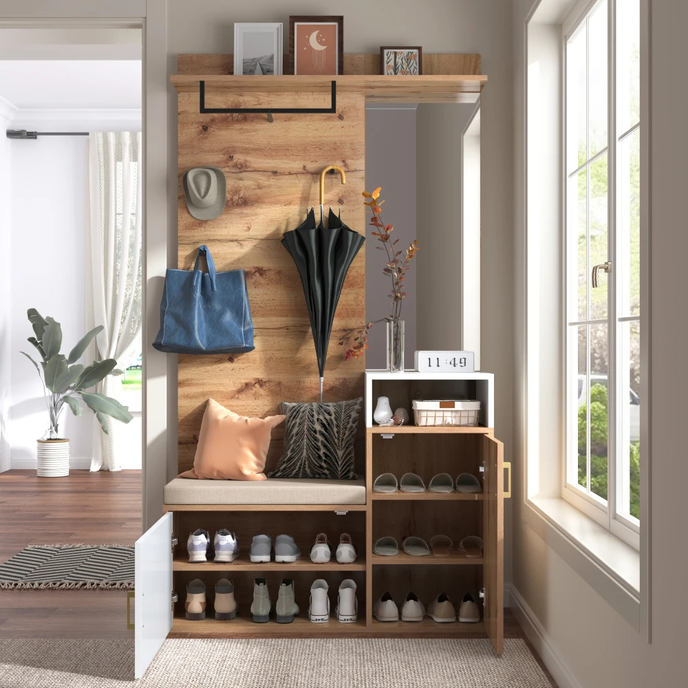 PINGGO Wandmontierter Kleiderschrank-Set mit 4 Haken, Spiegeln, Schuhschrank, oberer Stauraum, Flur-Garderobe, Hocker, Bohren erforderlich – Detail 3