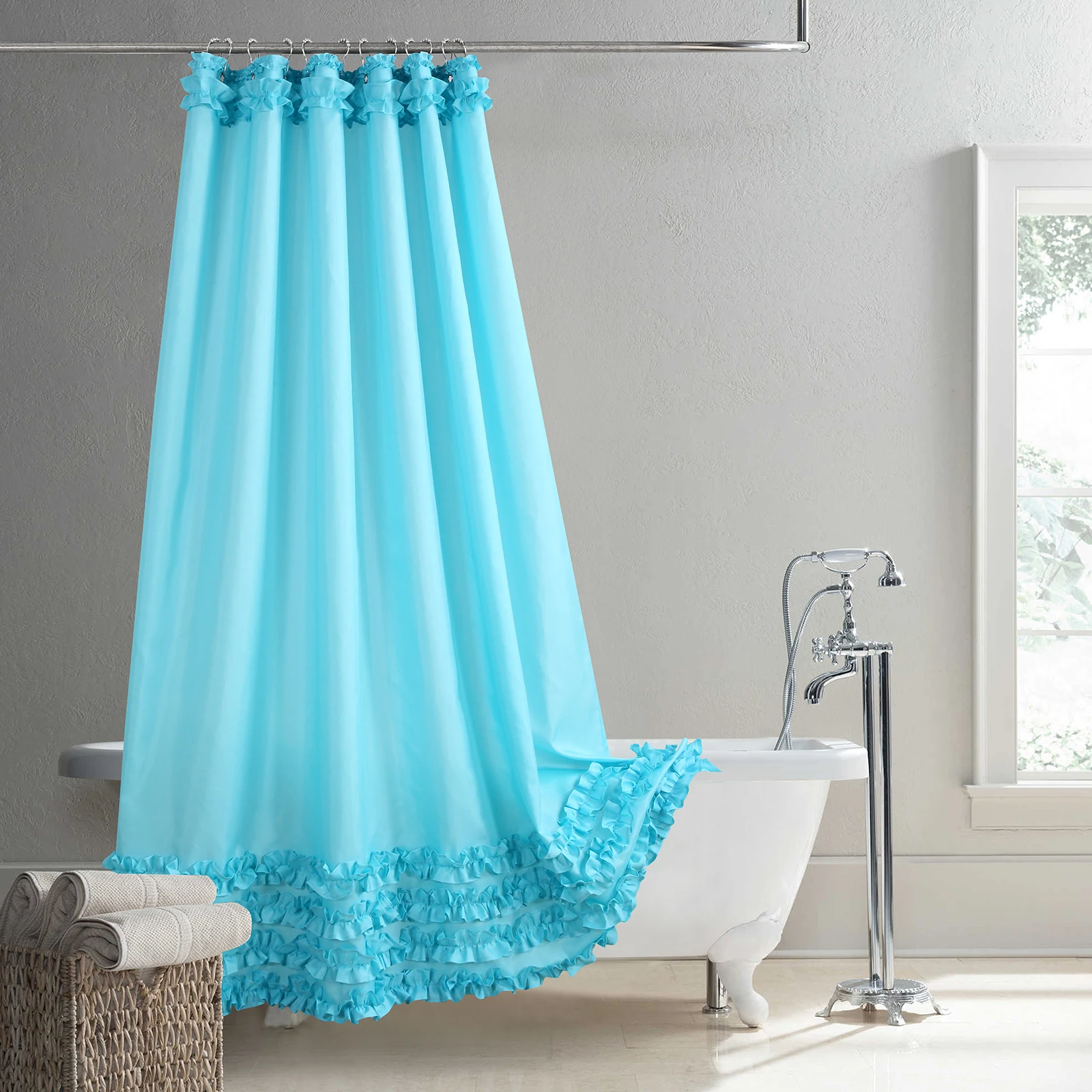 

Ruffled Blue Modern Polyester Waterproof Fabric Solid Decoratived Farmhouse Shower Curtain