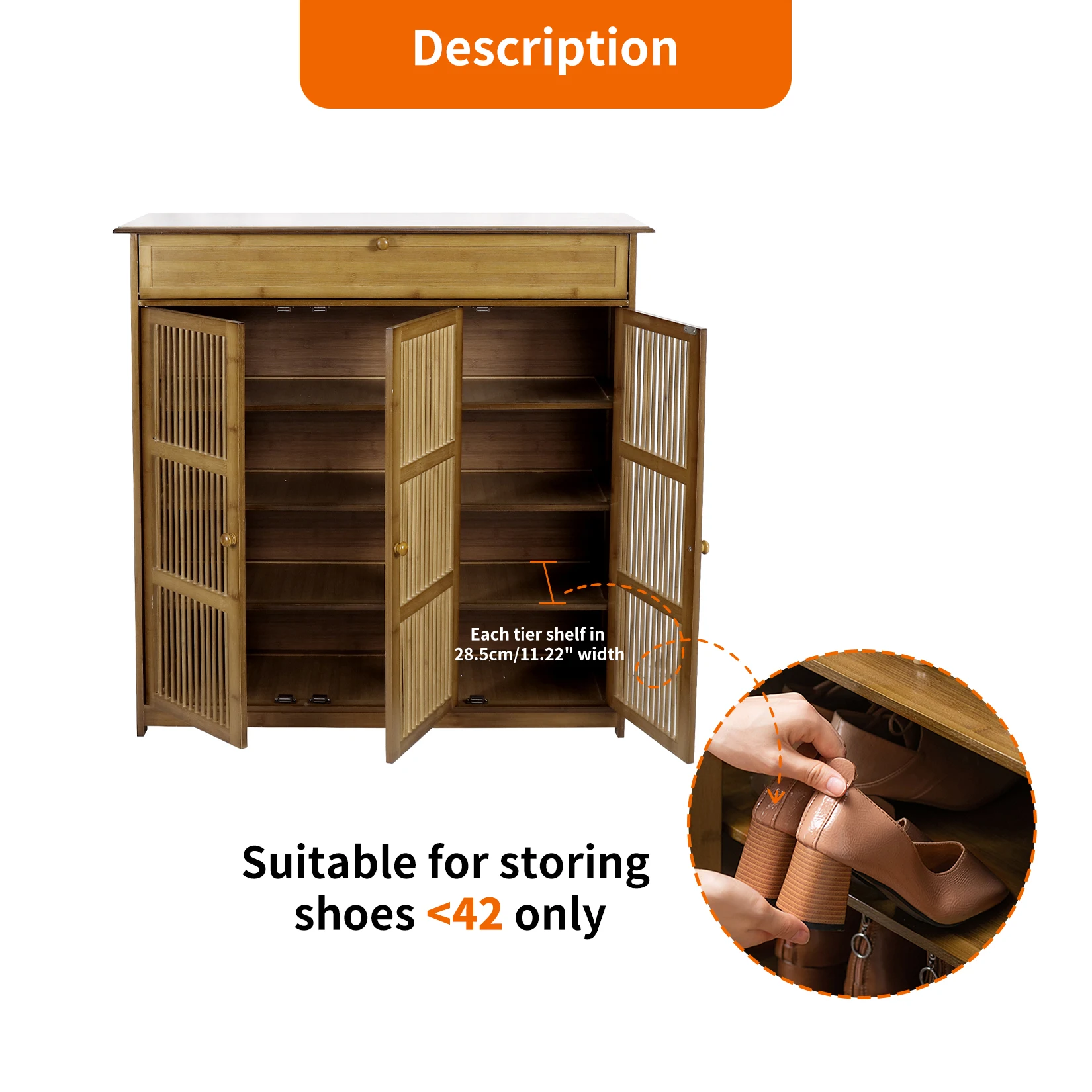 4 Tier Bamboo Shoe Storage Cabinet Wooden Shoes Rack with 3 Hollow Doors 4
