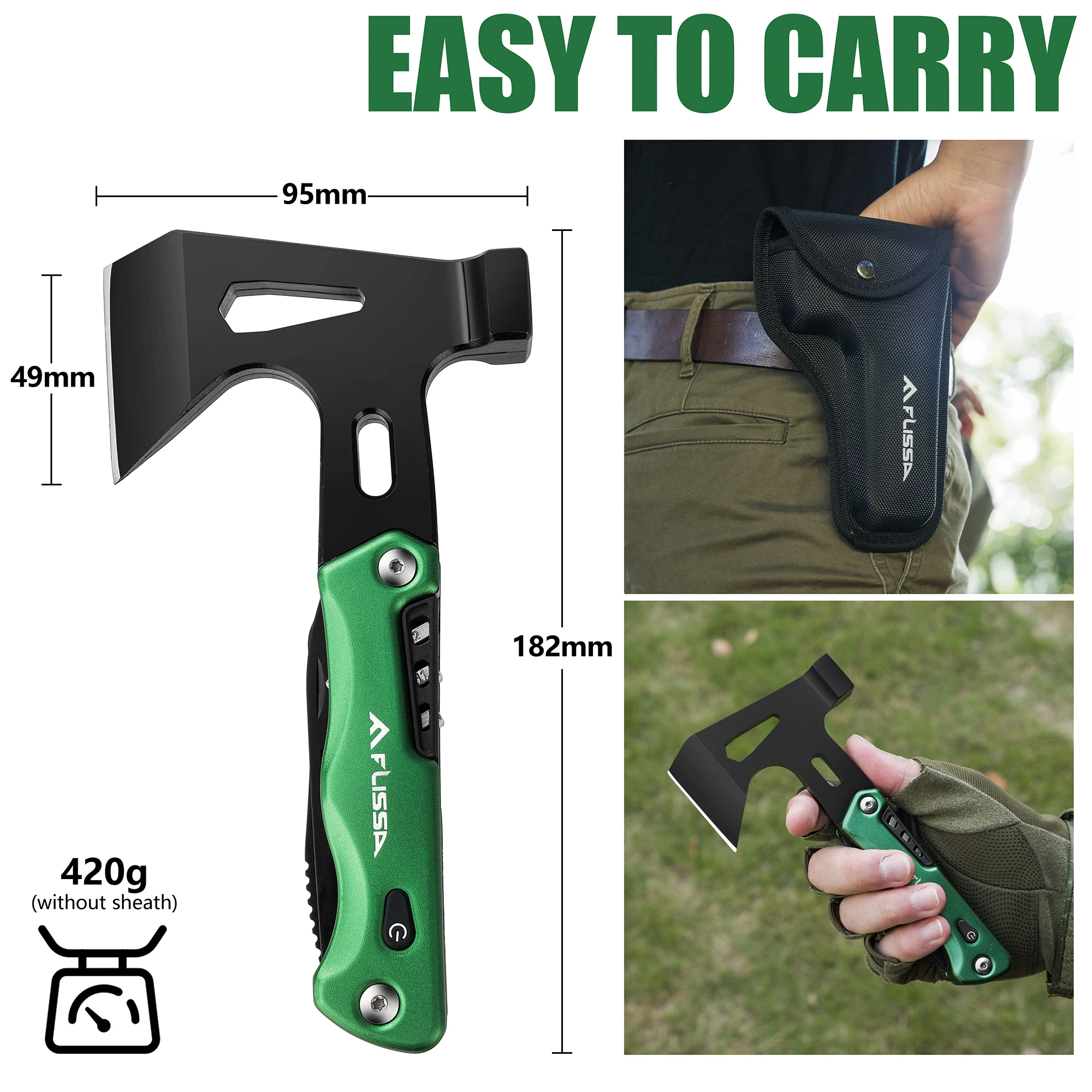 FLISSA 14 in 1 Multitool Camping Hatchet with Sheath Multifunctional Ax with LED Light Camping Woodworking Outdoor Survival Tool 3