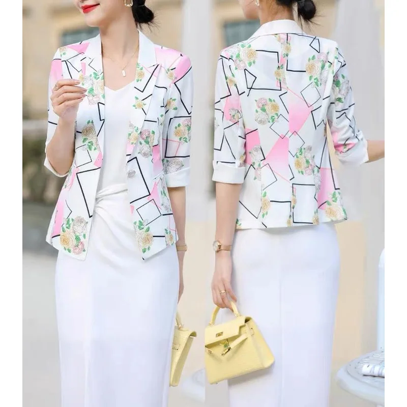 2024 New Spring and Summer Urban Commuting Style OL Fashion Print Slim Fit Versatile Three Quarter Single Breasted Suit Coat