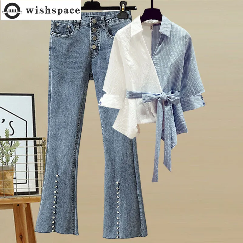 2022 New Large Women's Suit Fashion Korean Summer Stripe Stitching Shirt High Waist Jeans Two-piece Female Set