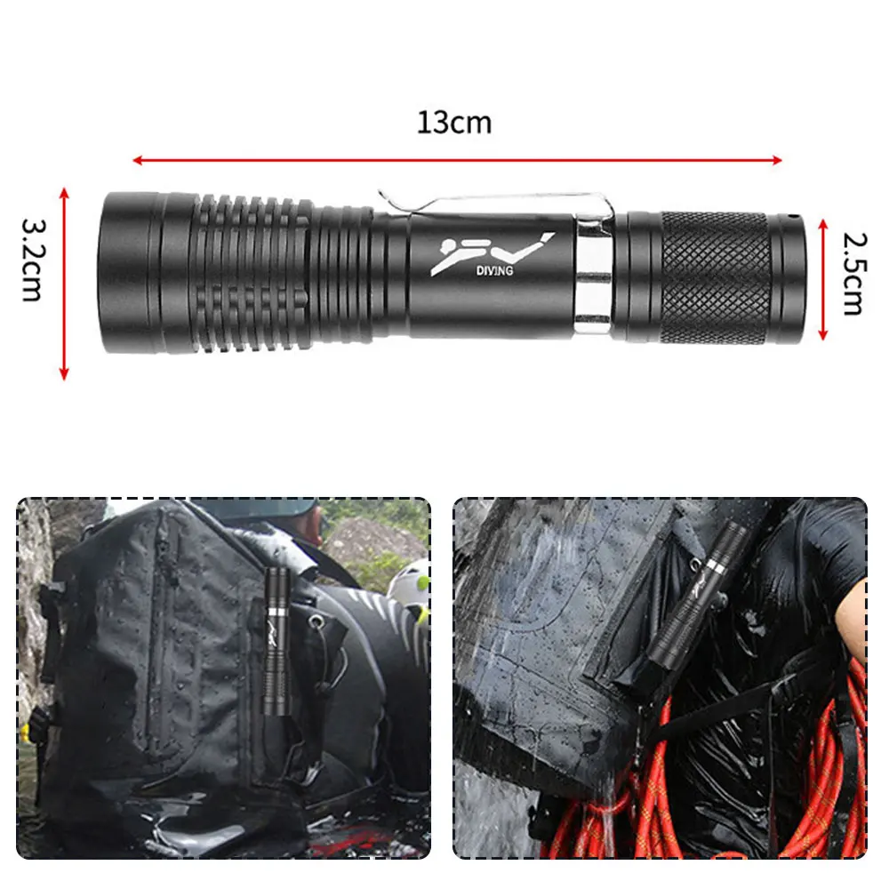 Description Picture 6 of itemMini Portable P20 Diving Flashlight Waterproof Underwater 5W LED Diving Lamp Ultra Bright 3 Light Modes Tactical Torch