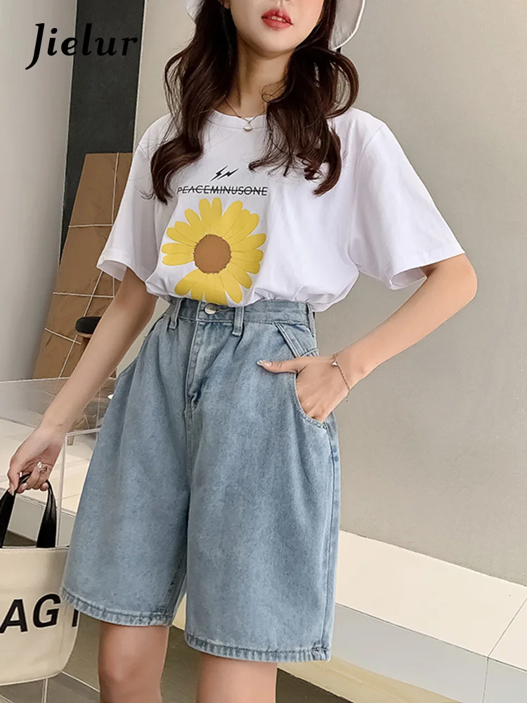 

Jielur New Woan Wide Legs High Waist Blue Knee-Lenght Deni Shorts Casual Feale Loose Fit Jeans Vintage Ladies Beruda Shorts
