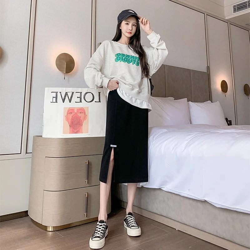 Pregnant Women Skirt Spring and Autumn Casual Pure Cotton Front Split One Step Straight Pencil Slim