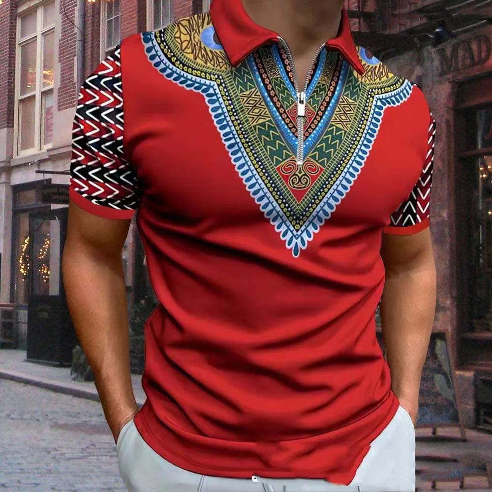 

Dashiki Shirts For Men Polo Shirt African Clothes Ethnic Style Traditional Wear Turn-Down Collar Zipper