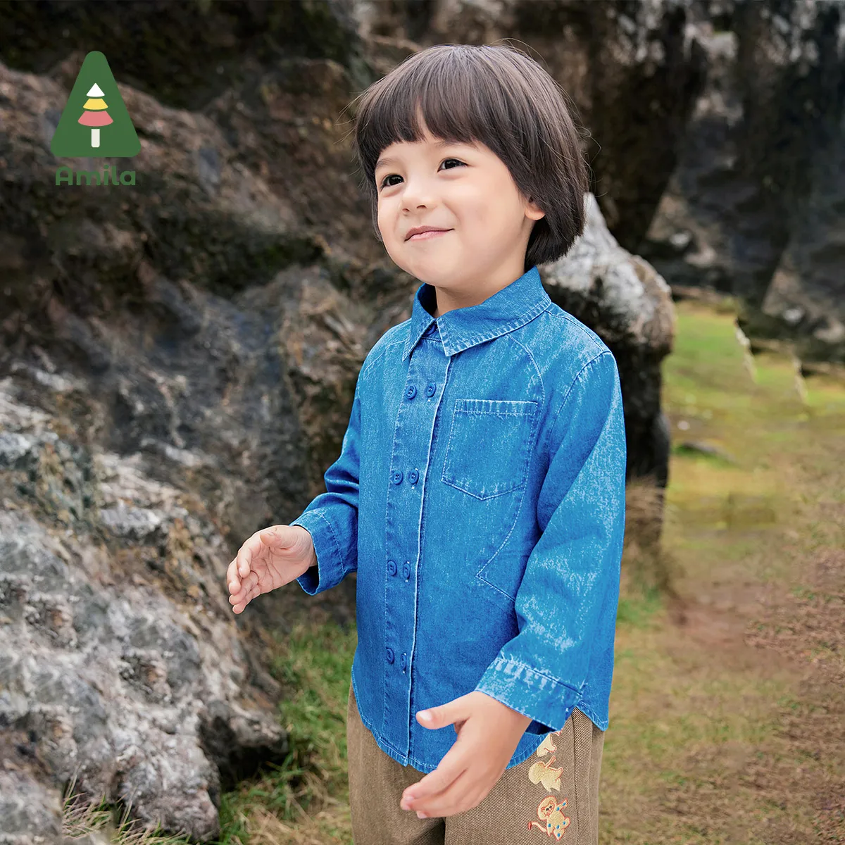 Baby Denim Shirt Autumn Boys Cotton Lapel Soft Solid Color Loose Casual Long Sleeve Children's Tops