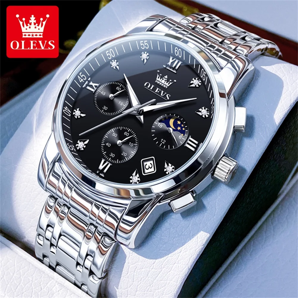 Classic Luxury Quartz Men's Watch with Moon Phase and Waterproof Stainless Steel Design