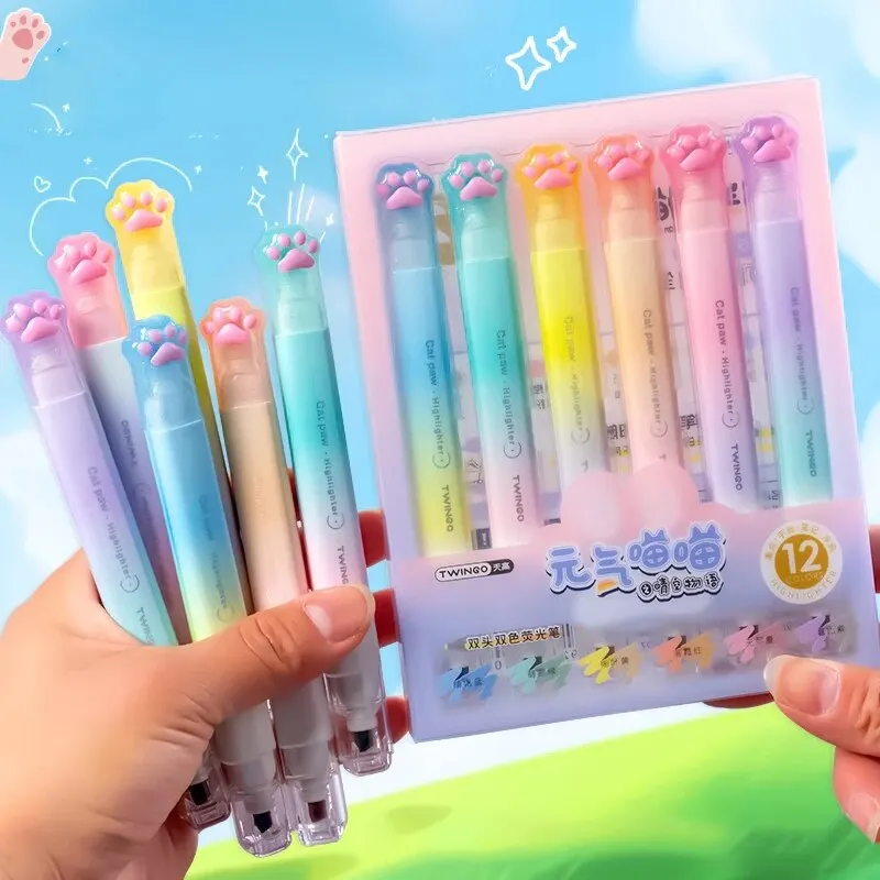Twingo Cat's Paw Highlighter Double-ended Two-color Gradient Ins High-Value Handbook Marker Pen Student Supplies 6pcs/box highlighter pen marker pen highlighter marker