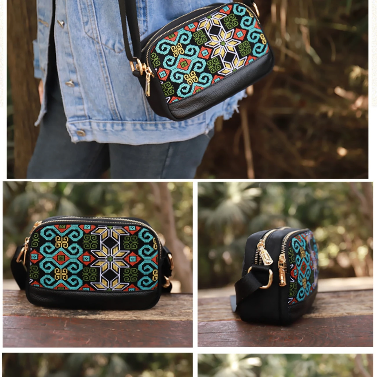 Ethnic Style Double Layer Embroidery Mobile Phone Bag Oxford Textile Art Women's Bag Lightweight Retro Embroidery Simple Fabric