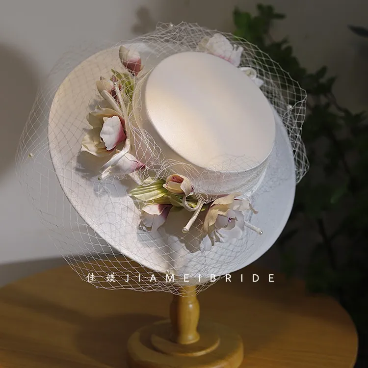 Vintage Magnolia Flower Bride Hat Fairy Flower Wedding Hat with Face Veil High End Ladies Show Party Formal Fedora Hat Headress