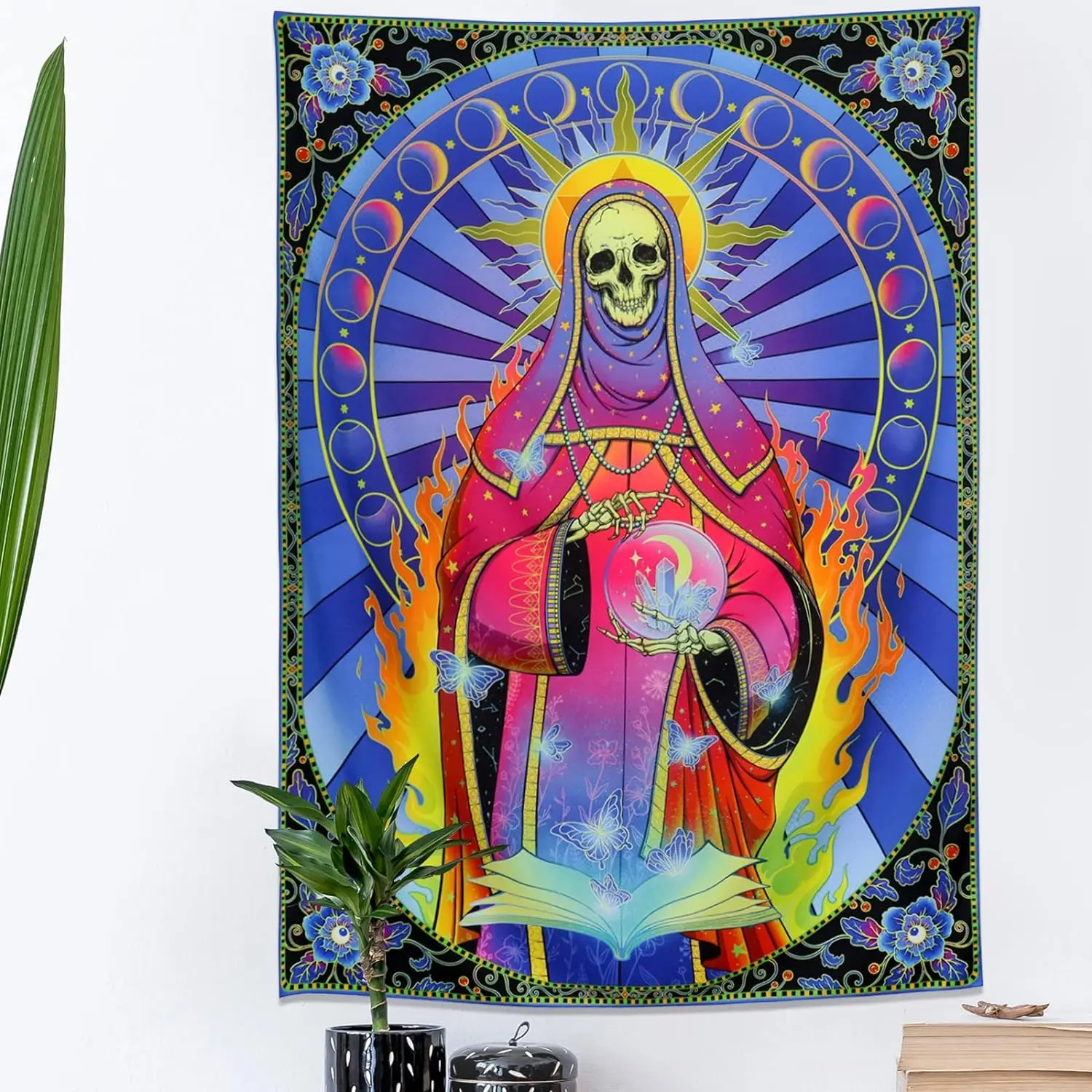 Skull Tapestry Moon Phase Tapestries Flower Skeleton Tapestries for Room Wall Hanging Decor Psychedelic Gothic Home Decoration