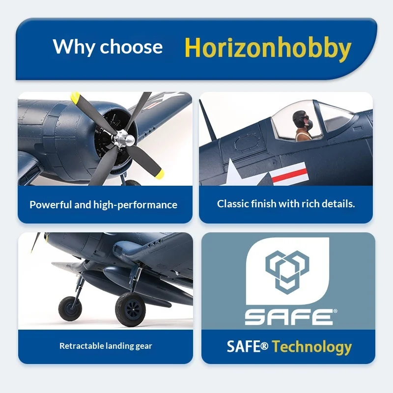 Horizon Hobby F4U Corsair 1.2m RC 고정익 비행기(낮은 날개) 접이식 랜딩 기어 포함 SAFE 기술 스킬 레벨 2