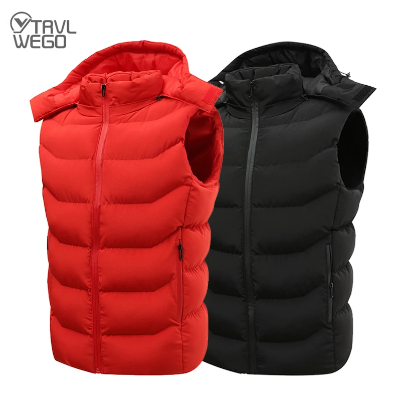 

TRVLWEGO Men Winter Hiking Vest Coats Trekking Hunting Warm Thick Waistcoat Hat Detachable Cotton Sleeveless Jacket Camping
