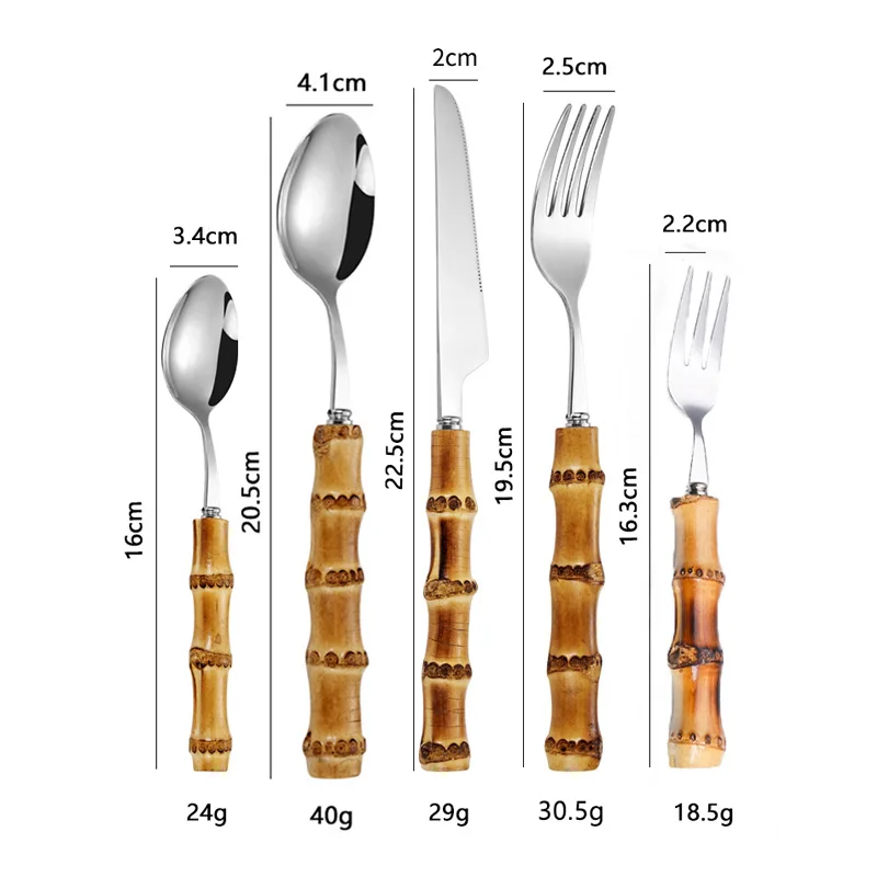 30Pcs 20Pcs Dinnerware Sets Original Nature Bamboo Handle Stainless Steel Upscale Cutlery Fork Spoon Home Kitchen Tableware