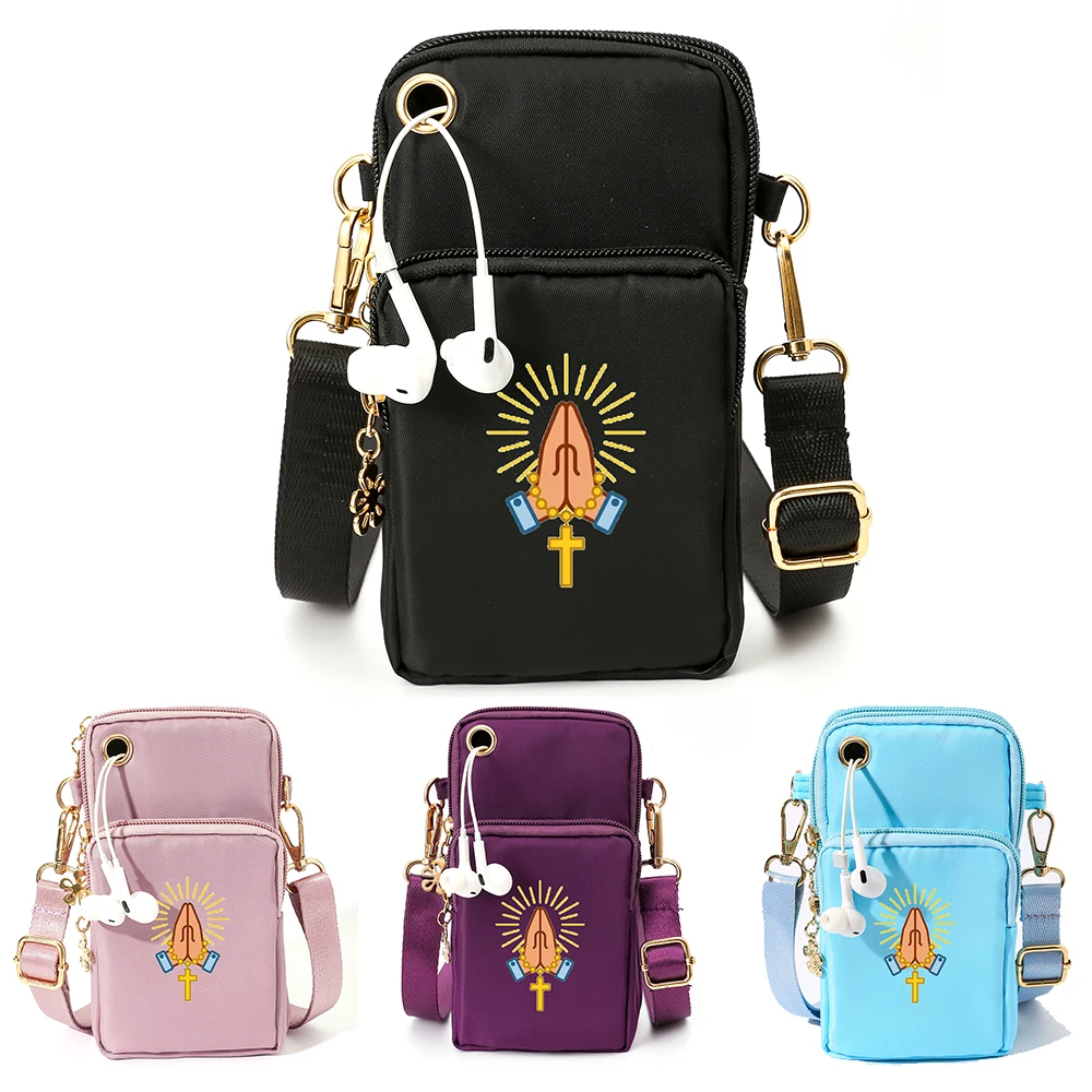 

4 Colors Cell Phone Bags Men Women Prayer Cross Pattern Party Shoulder Bag with Headphone Hole Wristlet