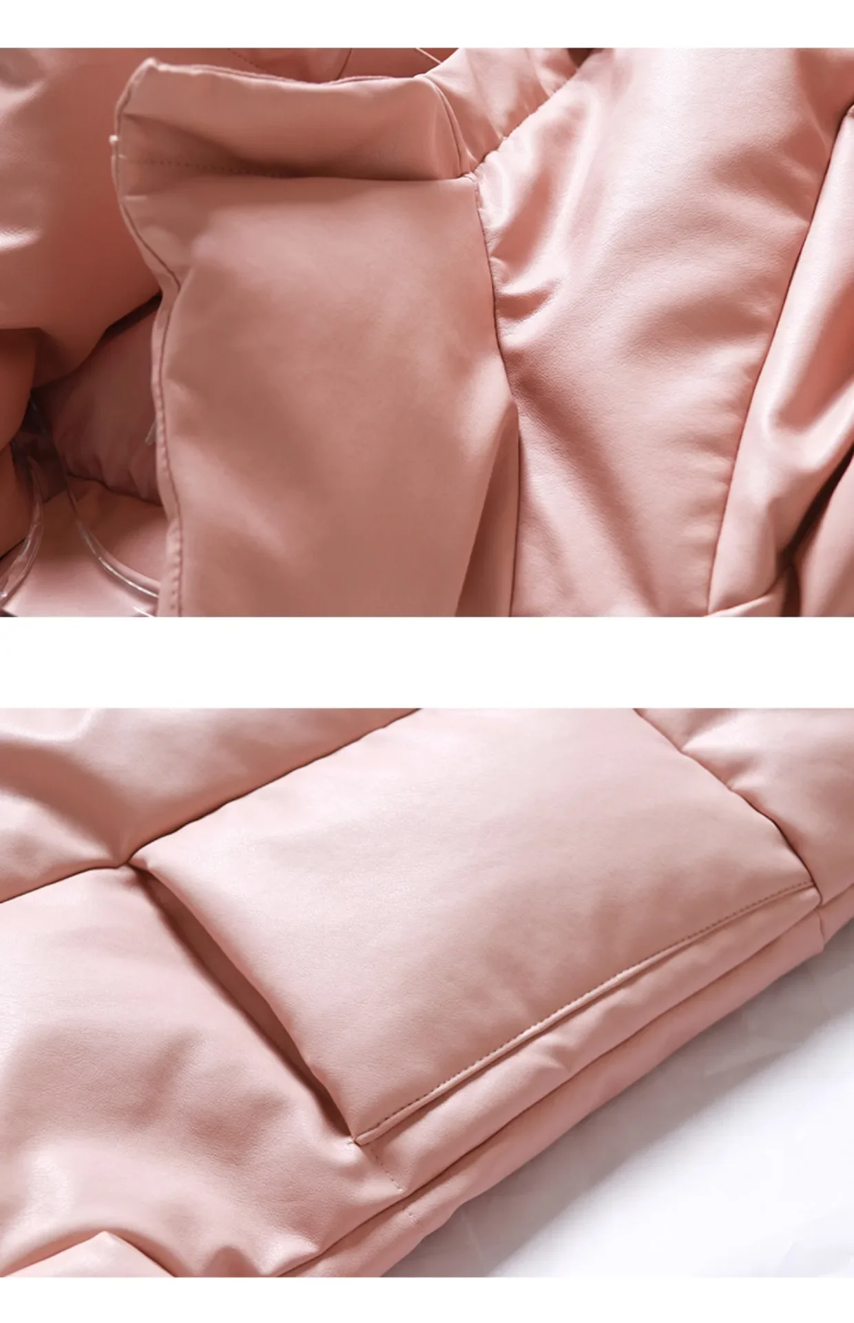 Pink Protein Leather Mid-Length down Jacket Winter Stand Collar Profile Leather Coat Thickened Coat for Women