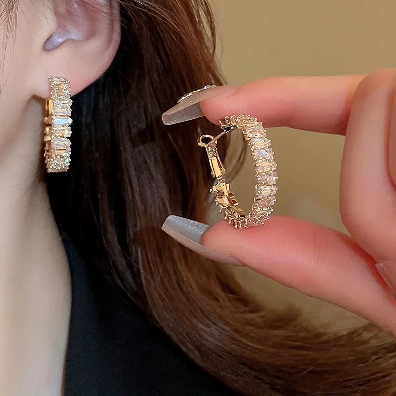 

Classic Hoop Earrings For Women Luxury Full Of Dazzling Zircon Stone Setting Gold& Silver Plated Accessories Elegant Jewelry