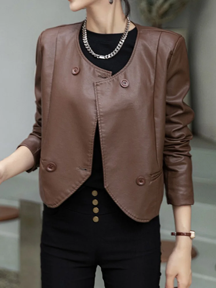 

FTLZZ New Spring Autumn Women Vintage Casual O-neck Faux Leather Short Jacket Female Fashion Double Breasted Motorcycle Pu Coat