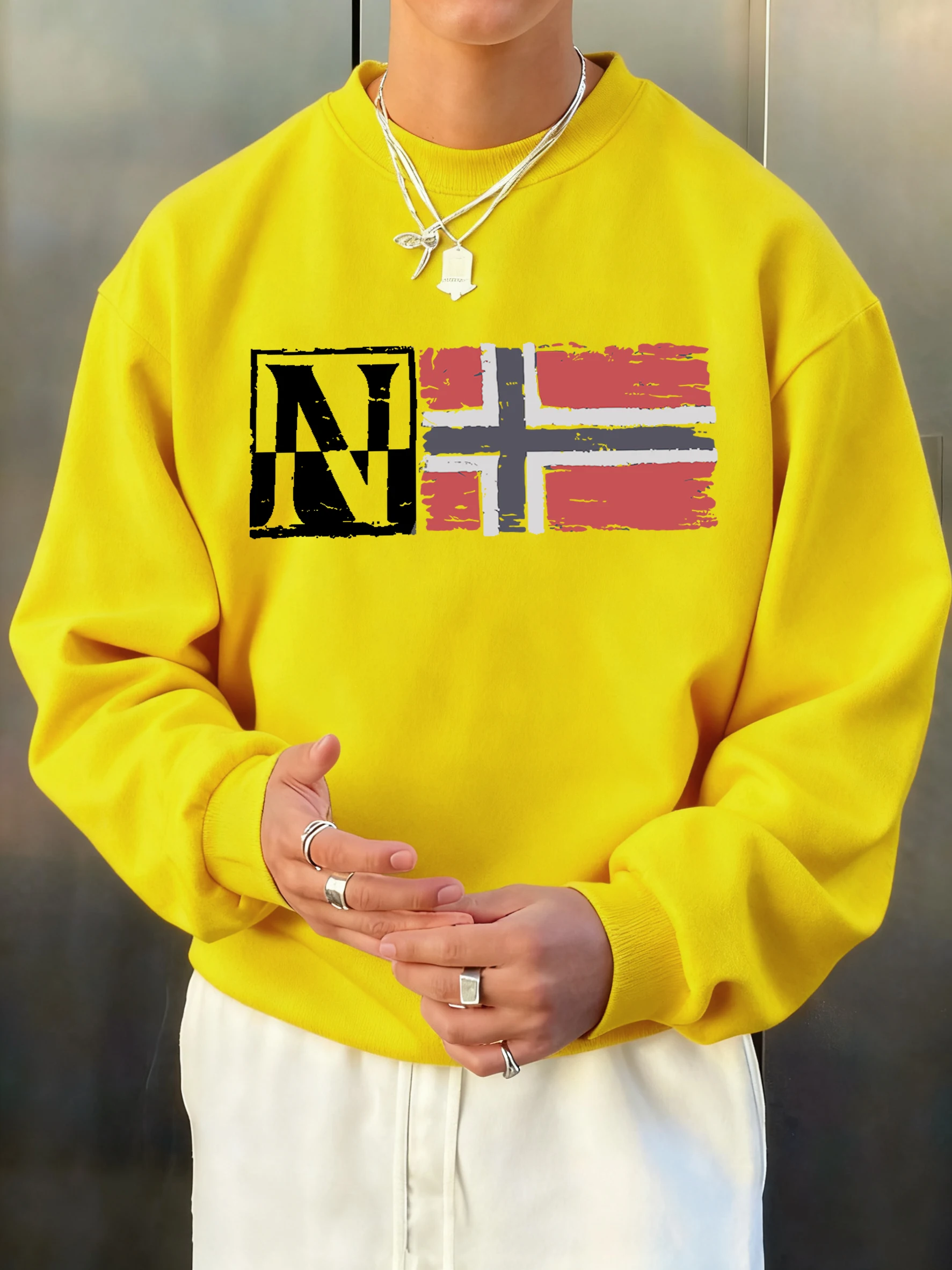 N Artistic Characters And Flag Print Pullover Men Autumn Loose Hoody Casual Fleece Soft Sweatshirt All-Match O-Neck Long Sleeve