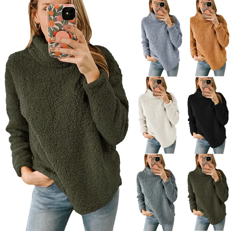 

New Plush High Neck Solid Color Sweater Plush Top for Women