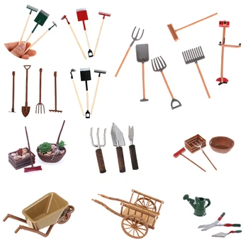 1Set Dollhouse Miniature Vintage Simulation Farm Tools Assembled Cart Agricultural Vehicle Model Garden Farming Tools DIY Decor 1