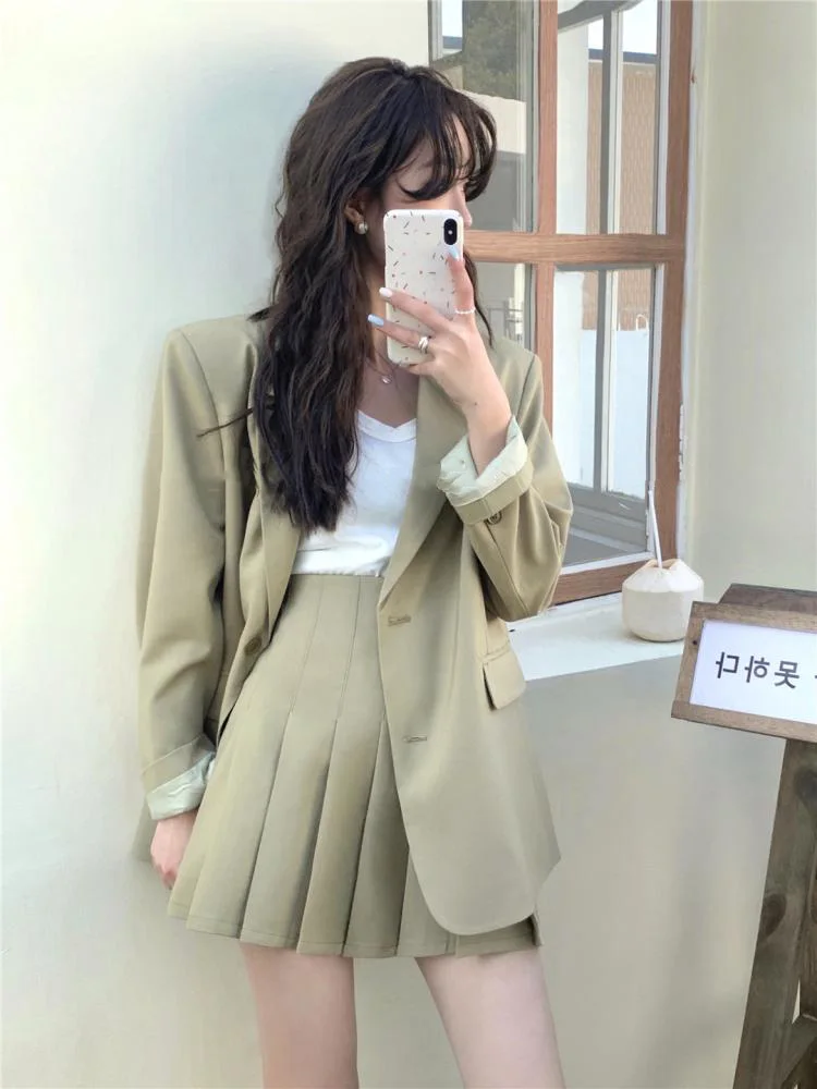 Korean Fashion Solid Two-piece Skirt Set Women Single Breasted Blazer Coat + Pleated Mini Skirt Autumn Office Lady Casual Suits