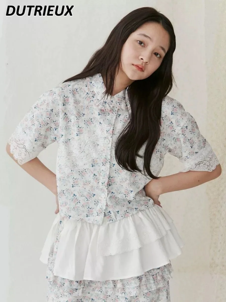 

Рубашка женская короткая с кружевом, милый однобортный Топ с принтом в японском стиле, летняя одежда