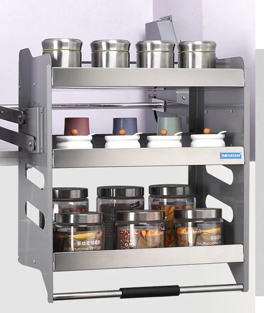 Description Picture 3 of item3 layers Wall Cabinet Lift Pull Basket Kitchen Cabinet Stainless Steel Drawer Baskets Seasoning Bottle Storage Racks