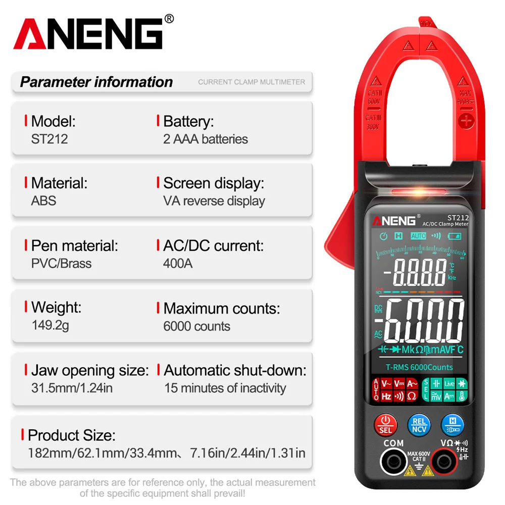 ANENG ST212 DC/AC 전류 디지털 클램프 미터 6000 카운트 400A 앰프 멀티미터 대형 컬러 스크린 전압 테스터 자동차 Hz NCV 옴