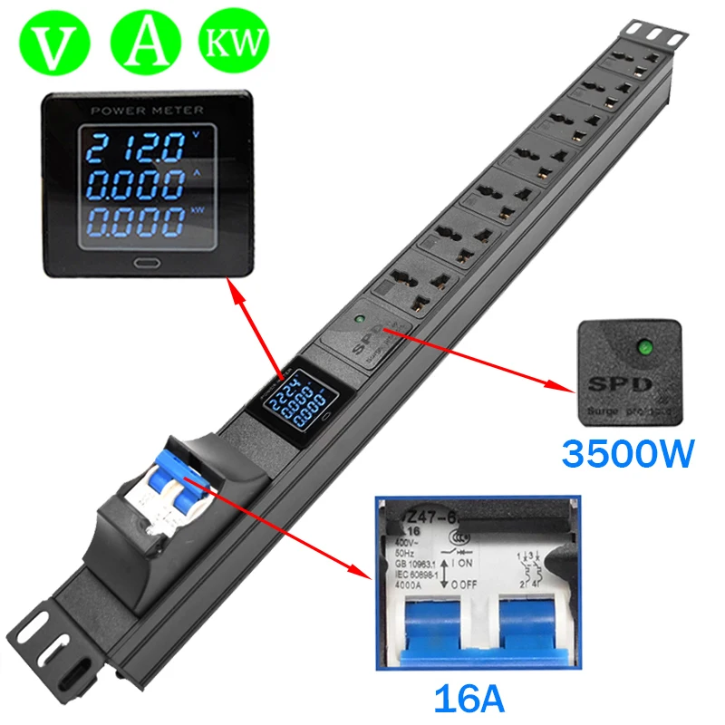 PDUPowerStripDigitalMeterVoltmeterAmmeter7WaysOutletsUnit