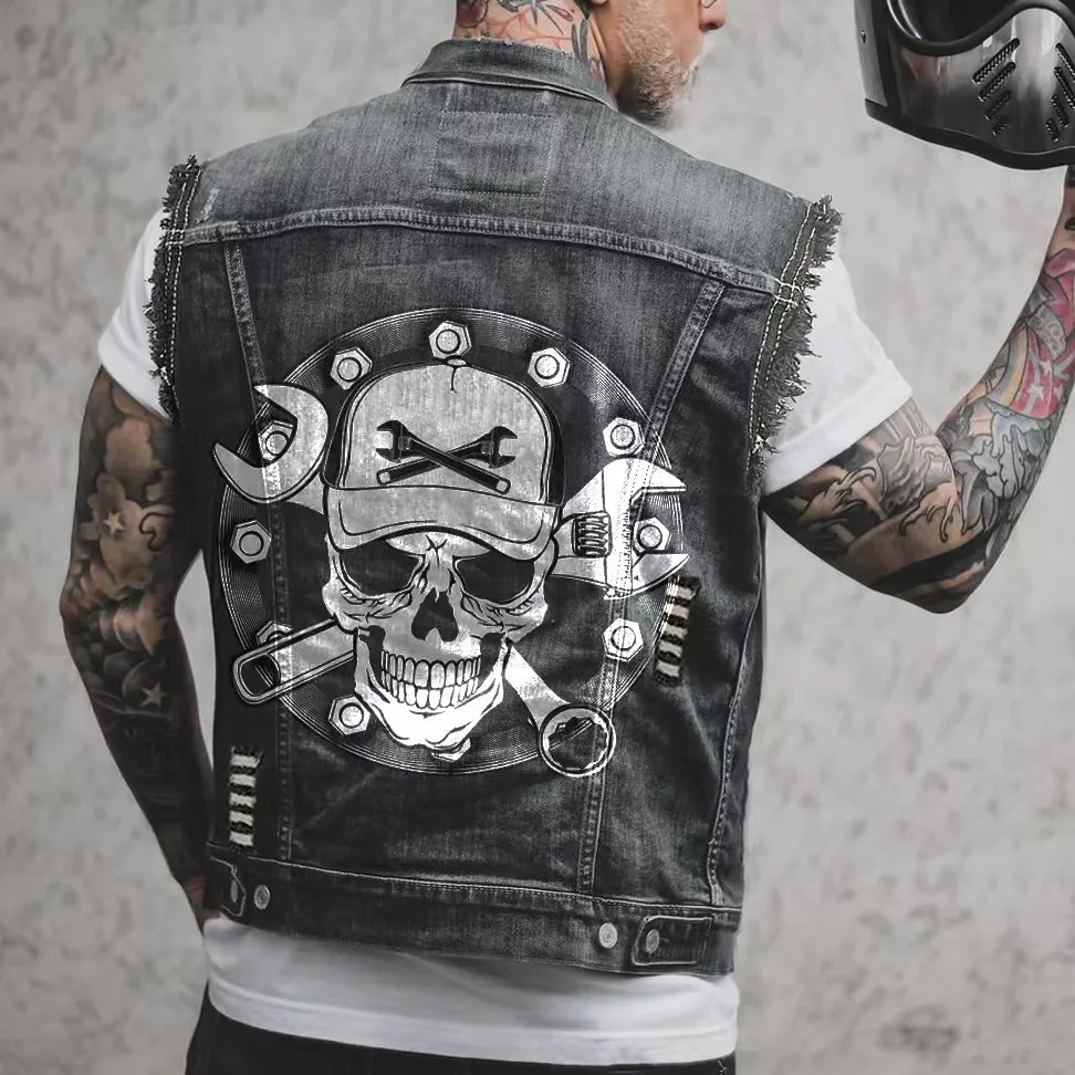 New Men's Denim Vest Printed Tribal Style Top, Men's Sportswear, Men's Denim Vest, Motorcycle Vest, Motorcycle Casual Jeans