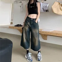 High Waist American Style Women's Jeans Shorts Summer Casual plus Size Slimming Straight Leg Wide Leg Seven-Foot Pants