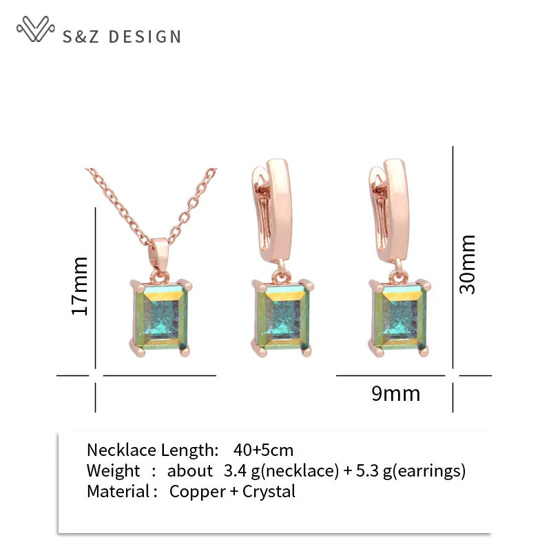 S&Z DESIGN New Fashion Rectangle Ice Crack Crystal Dangle Earrings Jewelry Sets For Women Pendant Necklace 585 Rose Gold Color