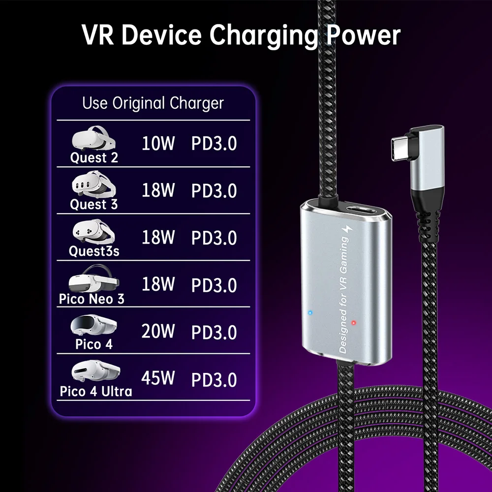 5m VR 링크 케이블 (클립 포함) PD3.0 고속 충전 USB 3.0 - USB C 케이블 데이터 5Gbps 메타 퀘스트 3/2/프로 피코 4 스팀 VR PC용